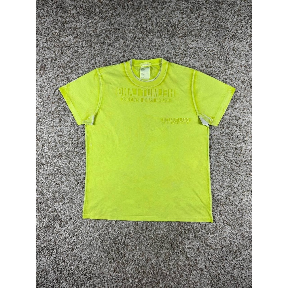 Helmut Lang Men's XL Neon Yellow Distressed Faded Logo T-Shirt